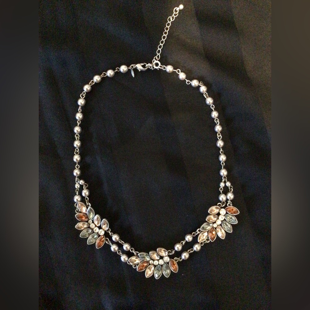 Vintage Necklace Silver Tone with Crystal & Pearl like accents.